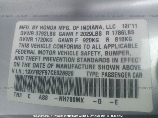 19XFB2F97CE028928 - 2012 HONDA CIVIC EXL SILVER photo 9