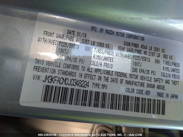 JM3KFACM0J0348224 - 2018 MAZDA CX-5 TOURING SILVER photo 9