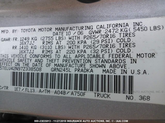 5TELU42N97Z338508 - 2007 TOYOTA TACOMA DOUBLE CAB 银色 照片 9