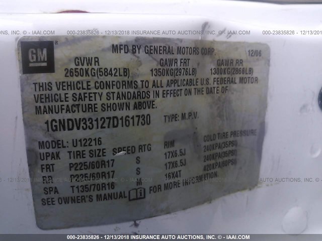 1GNDV33127D161730 - 2007 CHEVROLET UPLANDER LT WHITE photo 9