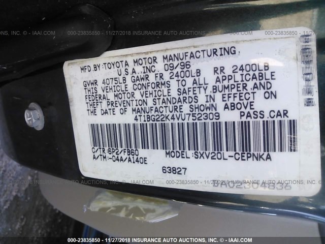 4T1BG22K4VU752309 - 1997 TOYOTA CAMRY CE/LE/XLE GREEN photo 9