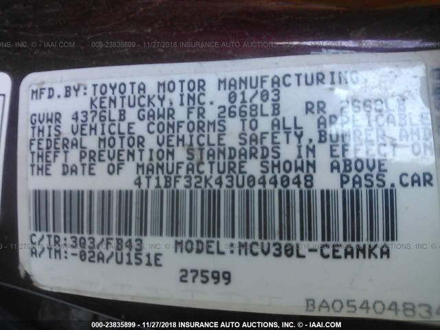 4T1BF32K43U044048 - 2003 TOYOTA CAMRY LE/XLE/SE RED photo 9