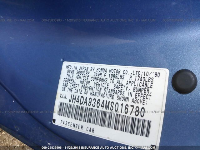 JH4DA9364MS016780 - 1991 ACURA INTEGRA GS BLUE photo 9