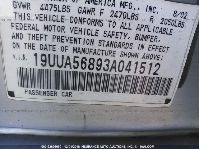 19UUA56893A041512 - 2003 ACURA 3.2TL TYPE-S SILVER photo 9