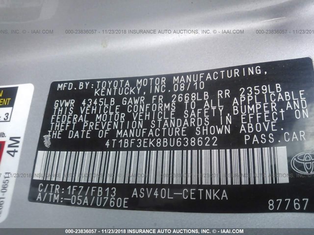 4T1BF3EK8BU638622 - 2011 TOYOTA CAMRY SE/LE/XLE SILVER photo 9