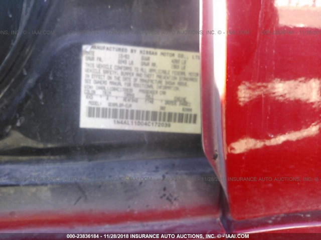 1N4AL11D04C172039 - 2004 NISSAN ALTIMA S/SL RED photo 9