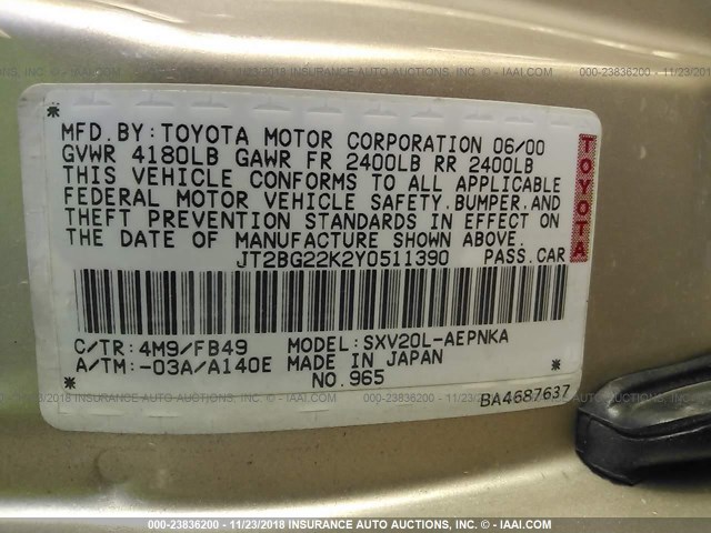 JT2BG22K2Y0511390 - 2000 TOYOTA CAMRY CE/LE/XLE GOLD photo 9