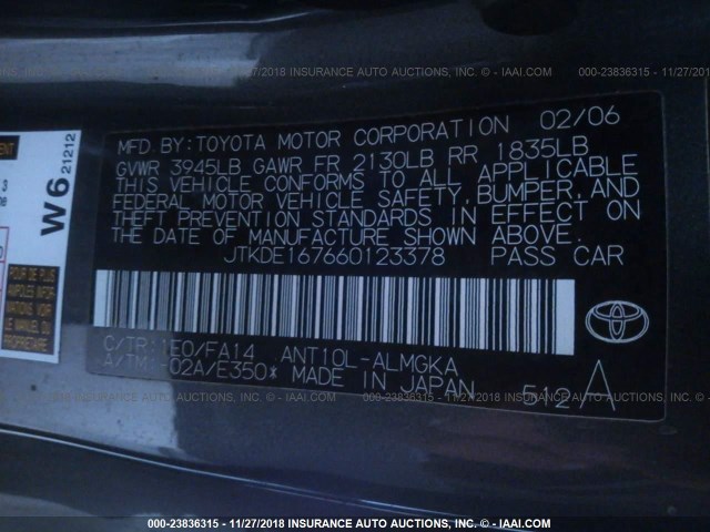 JTKDE167660123378 - 2006 TOYOTA SCION TC Boz foto 9