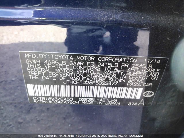 JTHCF1D26F5022477 - 2015 LEXUS IS 250 BLUE photo 9