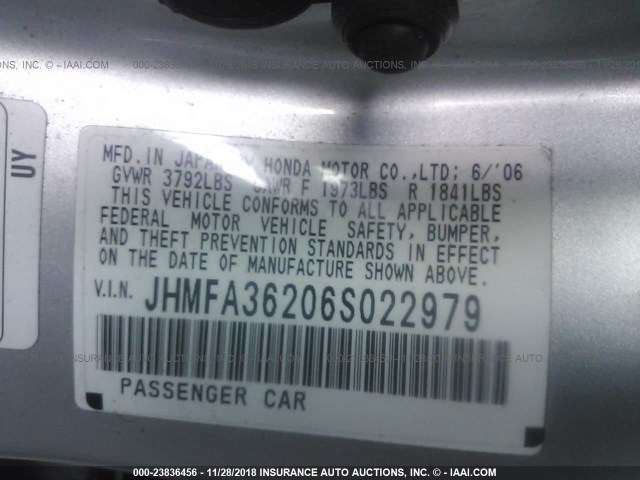 JHMFA36206S022979 - 2006 HONDA CIVIC HYBRID SILVER photo 9