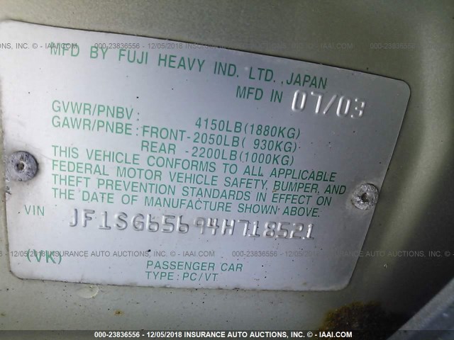 JF1SG65694H718521 - 2004 SUBARU FORESTER 2.5XS GREEN photo 9