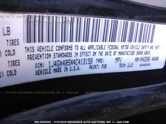 1J4GX48SX4C413159 - 2004 JEEP GRAND CHEROKEE LAREDO/COLUMBIA/FREEDOM 黑色 照片 9