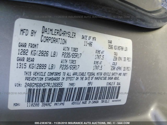 2A8GM68X57R126855 - 2007 CHRYSLER PACIFICA TOURING GOLD photo 9