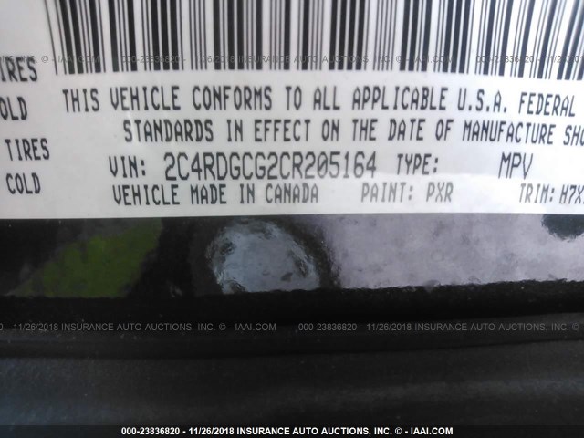 2C4RDGCG2CR205164 - 2012 DODGE GRAND CARAVAN SXT BLACK photo 9