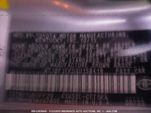 4T1BF1FK5GU158418 - 2016 TOYOTA CAMRY LE/XLE/SE/XSE SILVER photo 9