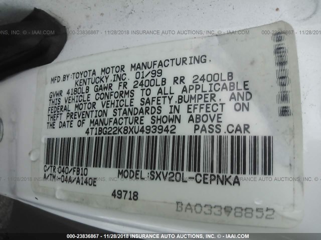 4T1BG22K8XU493942 - 1999 TOYOTA CAMRY CE/LE/XLE WHITE photo 9