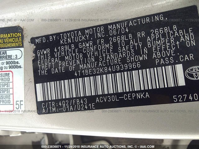 4T1BE32K84U939966 - 2004 TOYOTA CAMRY LE/XLE/SE GOLD photo 9