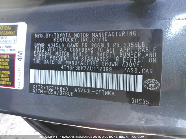 4T1BF3EK7AU112089 - 2010 TOYOTA CAMRY SE/LE/XLE GRAY photo 9