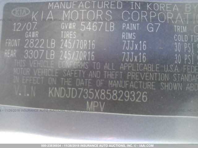 KNDJD735X85829326 - 2008 KIA SORENTO EX/LX SILVER photo 9