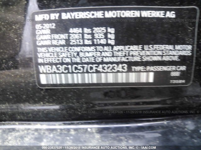 WBA3C1C57CF432343 - 2012 BMW 328 I SULEV BLACK photo 9