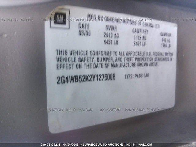 2G4WB52K2Y1275008 - 2000 BUICK REGAL LS TAN photo 9