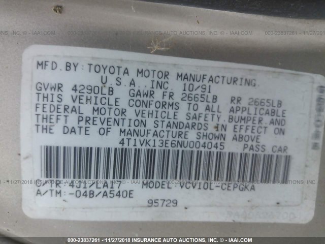 4T1VK13E6NU004045 - 1992 TOYOTA CAMRY XLE GOLD photo 9
