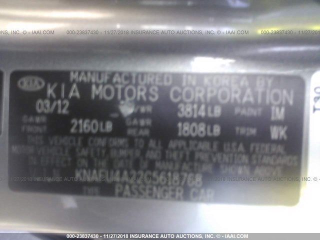 KNAFU4A22C5618768 - 2012 KIA FORTE EX GRAY photo 9