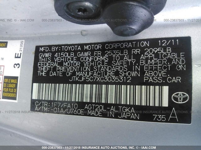 JTKJF5C7XC3035312 - 2012 TOYOTA SCION TC Gümüş foto 9