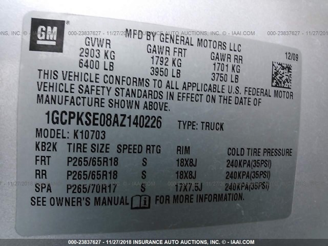 1GCPKSE08AZ140226 - 2010 CHEVROLET SILVERADO K1500 LT SILVER photo 9