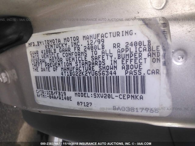 4T1BG22K2YU656344 - 2000 TOYOTA CAMRY CE/LE/XLE SILVER photo 9