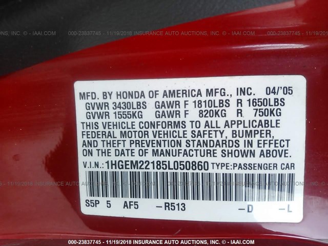 1HGEM22185L050860 - 2005 HONDA CIVIC DX VP Qırmızı foto 9