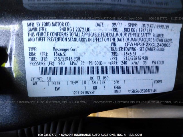 1FAHP3F2XCL240805 - 2012 FORD FOCUS SE GRAY photo 9