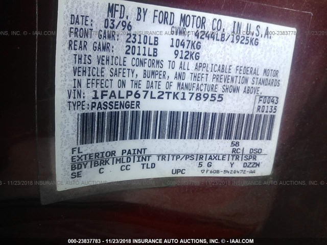 1FALP67L2TK178955 - 1996 FORD CONTOUR SE MAROON photo 9