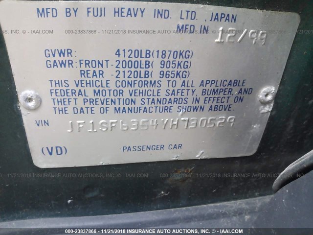 JF1SF6354YH730529 - 2000 SUBARU FORESTER L GREEN photo 9