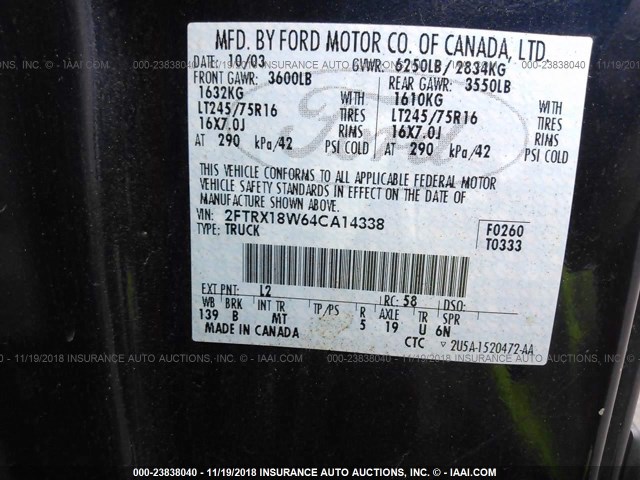 2FTRX18W64CA14338 - 2004 FORD F-150 HERITAGE CLASSIC BLUE photo 9