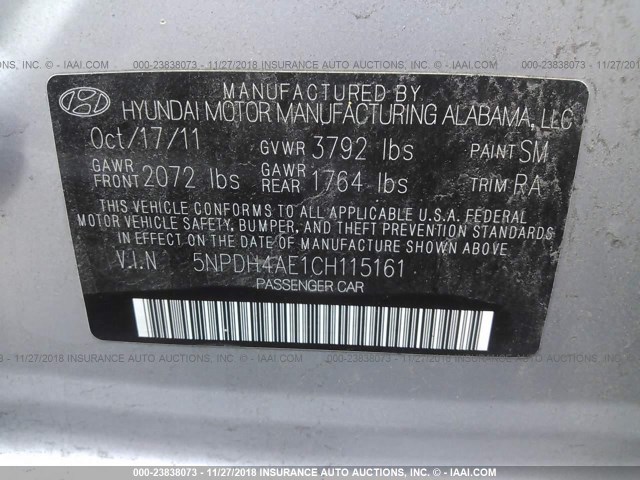 5NPDH4AE1CH115161 - 2012 HYUNDAI ELANTRA GLS/LIMITED SILVER photo 9