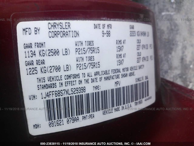 1J4FF68S7XL529398 - 1999 JEEP CHEROKEE SPORT/CLASSIC Czerwony zdjęcie 9