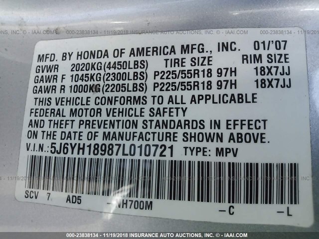 5J6YH18987L010721 - 2007 HONDA ELEMENT SC SILVER photo 9