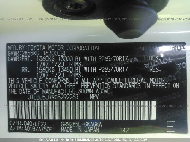 JTEBU5JR9G5292263 - 2016 TOYOTA 4RUNNER SR5 PREM/LTDL/TRAIL/TRD WHITE photo 9