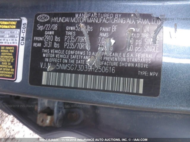 5NMSG73D39H250616 - 2009 HYUNDAI SANTA FE GLS BLUE photo 9