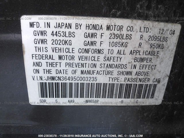 JHMCN36495C003235 - 2005 HONDA ACCORD HYBRID GRAY photo 9