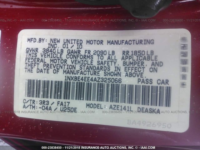 1NXBE4EE4AZ325066 - 2010 TOYOTA COROLLA XRS RED photo 9