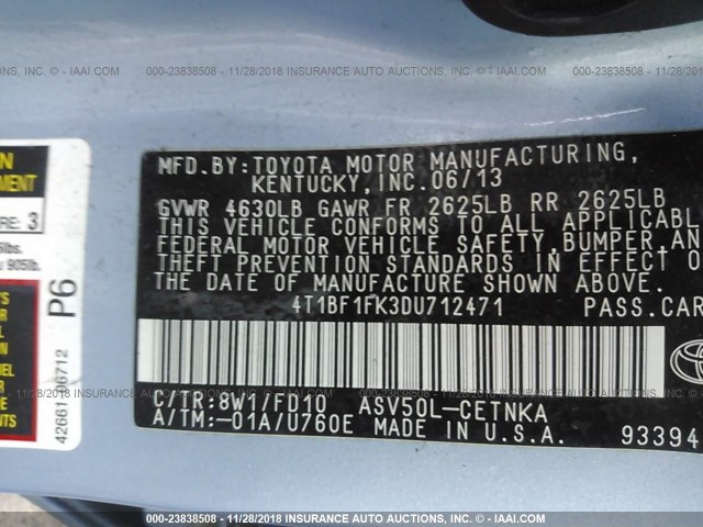 4T1BF1FK3DU712471 - 2013 TOYOTA CAMRY L/SE/LE/XLE BLUE photo 9