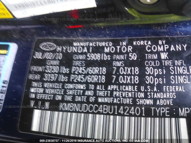 KM8NUDCC4BU142401 - 2011 HYUNDAI VERACRUZ GLS/LIMITED BLUE photo 9