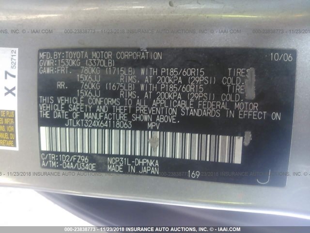 JTLKT324X64118063 - 2006 TOYOTA SCION XB Gümüş foto 9