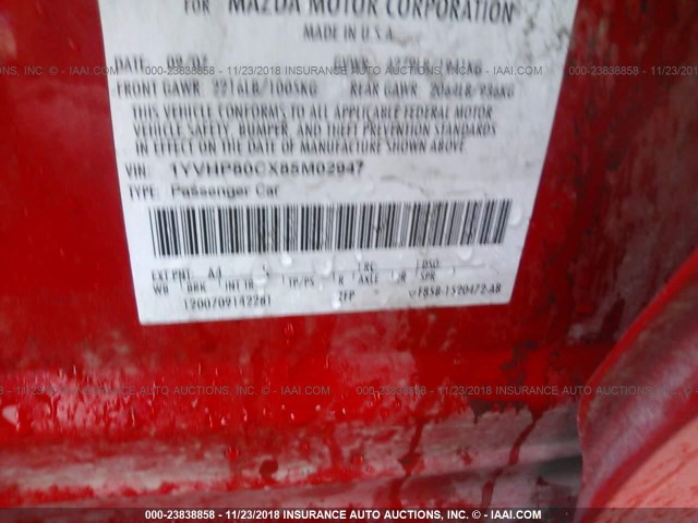1YVHP80CX85M02947 - 2008 MAZDA 6 I RED photo 9