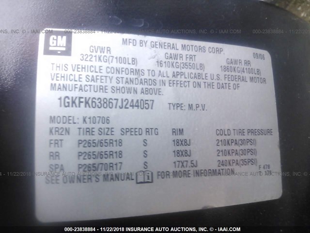 1GKFK63867J244057 - 2007 GMC YUKON DENALI BLACK photo 9