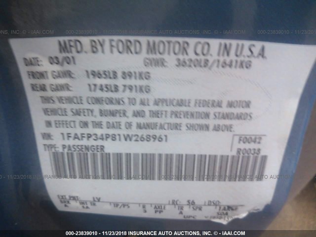 1FAFP34P81W268961 - 2001 FORD FOCUS SE/SE COMFORT BLUE photo 9