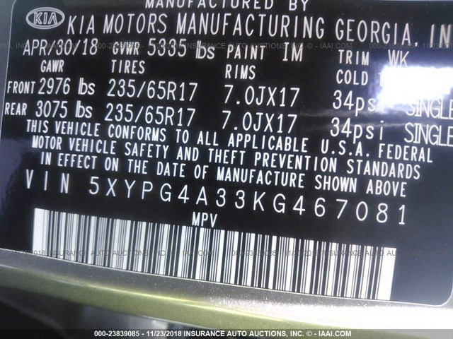 5XYPG4A33KG467081 - 2019 KIA SORENTO LX/L GRAY photo 9