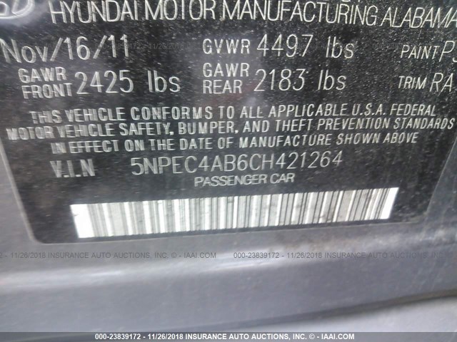 5NPEC4AB6CH421264 - 2012 HYUNDAI SONATA SE/LIMITED GRAY photo 9